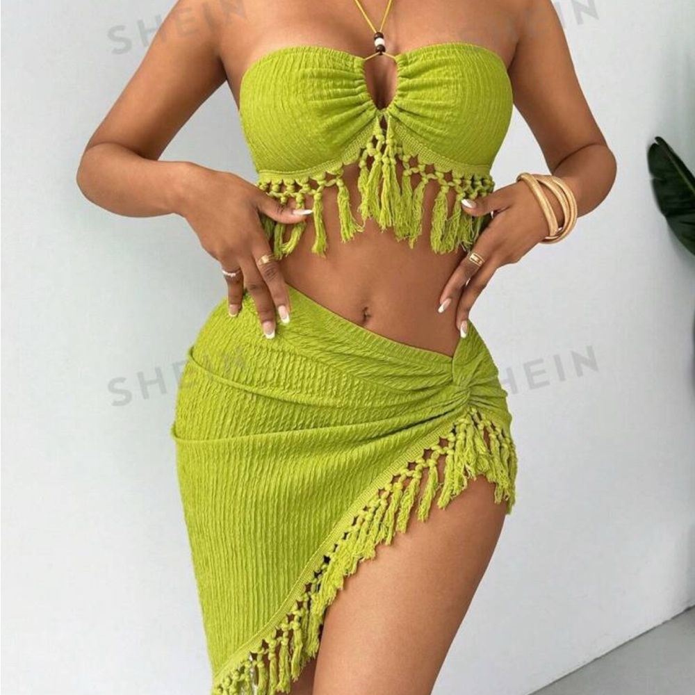 Shein Lime Green Fringe Two-Piece Set